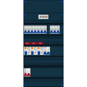 Schotman Elektro B.V. - SEP FS40A, 1xHoofdschakelaar, 3xAardlekschakelaar-Type B, 10xinstallatieautomaat, 1xFornuisgroep, 1 Fase