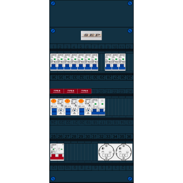 Schotman Elektro B.V. - SEP FS40A, 1xHoofdschakelaar, 3xAardlekschakelaar-Type B, 10xinstallatieautomaat, 1xFornuisgroep, 2xContactdoos, 1 Fase