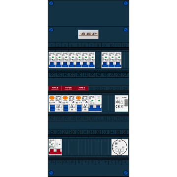 Schotman Elektro B.V. - SEP FS40A, 1xHoofdschakelaar, 3xAardlekschakelaar-Type B, 10xinstallatieautomaat, 1xFornuisgroep, 1xBeltrafo, 1xContactdoos, 1 Fase
