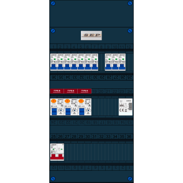 Schotman Elektro B.V. - SEP FS40A, 1xHoofdschakelaar, 3xAardlekschakelaar-Type B, 10xinstallatieautomaat, 1xBeltrafo, 1 Fase