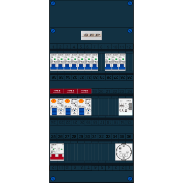 Schotman Elektro B.V. - SEP FS40A, 1xHoofdschakelaar, 3xAardlekschakelaar-Type B, 10xinstallatieautomaat, 1xBeltrafo, 1xContactdoos, 1 Fase