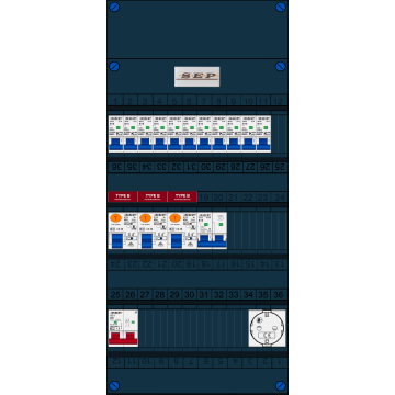 Schotman Elektro B.V. - SEP FS40A, 1xHoofdschakelaar, 3xAardlekschakelaar-Type B, 11xinstallatieautomaat, 1xFornuisgroep, 1xContactdoos, 1 Fase