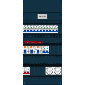 Schotman Elektro B.V. - SEP FS40A, 1xHoofdschakelaar, 3xAardlekschakelaar-Type B, 11xinstallatieautomaat, 1xFornuisgroep, 2xContactdoos, 1 Fase