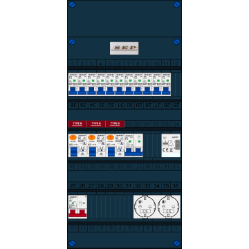 Schotman Elektro B.V. - SEP FS40A, 1xHoofdschakelaar, 3xAardlekschakelaar-Type B, 11xinstallatieautomaat, 1xFornuisgroep, 1xBeltrafo, 2xContactdoos, 1 Fase