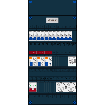 Schotman Elektro B.V. - SEP FS40A, 1xHoofdschakelaar, 3xAardlekschakelaar-Type B, 11xinstallatieautomaat, 1xBeltrafo, 2xContactdoos, 1 Fase