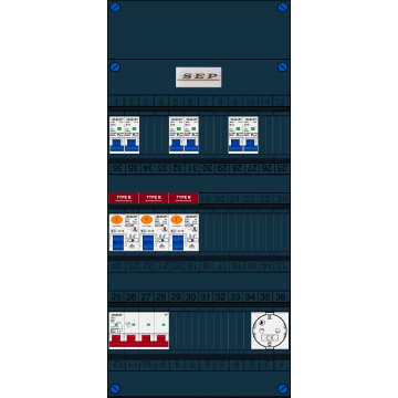 Schotman Elektro B.V. - SEP FS40A, 1xHoofdschakelaar, 3xAardlekschakelaar-Type B, 6xinstallatieautomaat, 1xContactdoos, 3 Fase