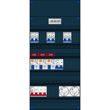 Schotman Elektro B.V. - SEP FS40A, 1xHoofdschakelaar, 3xAardlekschakelaar-Type B, 6xinstallatieautomaat, 1xFornuisgroep, 2xContactdoos, 3 Fase