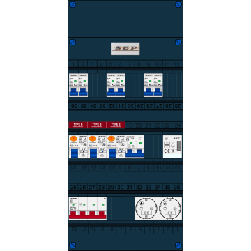 Schotman Elektro B.V. - SEP FS40A, 1xHoofdschakelaar, 3xAardlekschakelaar-Type B, 6xinstallatieautomaat, 1xFornuisgroep, 1xBeltrafo, 2xContactdoos, 3 Fase