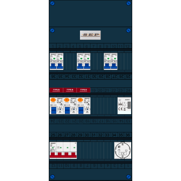 Schotman Elektro B.V. - SEP FS40A, 1xHoofdschakelaar, 3xAardlekschakelaar-Type B, 6xinstallatieautomaat, 1xBeltrafo, 1xContactdoos, 3 Fase