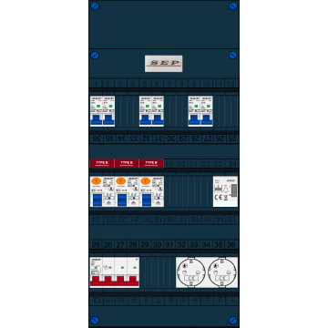 Schotman Elektro B.V. - SEP FS40A, 1xHoofdschakelaar, 3xAardlekschakelaar-Type B, 6xinstallatieautomaat, 1xBeltrafo, 2xContactdoos, 3 Fase