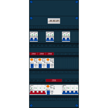 Schotman Elektro B.V. - SEP FS40A, 1xHoofdschakelaar, 4xAardlekschakelaar-Type B, 6xInstallatieautomaat, 1xKrachtgroep, 3 Fase