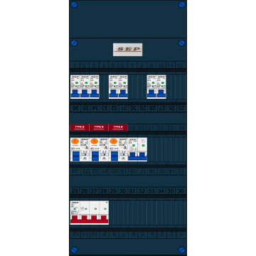Schotman Elektro B.V. - SEP FS40A, 1xHoofdschakelaar, 3xAardlekschakelaar-Type B, 7xinstallatieautomaat, 1xFornuisgroep, 3 Fase