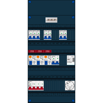 Schotman Elektro B.V. - SEP FS40A, 1xHoofdschakelaar, 3xAardlekschakelaar-Type B, 7xinstallatieautomaat, 1xFornuisgroep, 1xBeltrafo, 1xContactdoos, 3 Fase