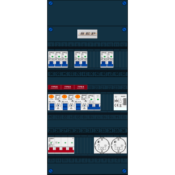 Schotman Elektro B.V. - SEP FS40A, 1xHoofdschakelaar, 3xAardlekschakelaar-Type B, 7xinstallatieautomaat, 1xFornuisgroep, 1xBeltrafo, 2xContactdoos, 3 Fase