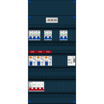 Schotman Elektro B.V. - SEP FS40A, 1xHoofdschakelaar, 3xAardlekschakelaar-Type B, 7xinstallatieautomaat, 1xBeltrafo, 3 Fase