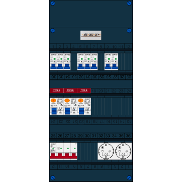 Schotman Elektro B.V. - SEP FS40A, 1xHoofdschakelaar, 3xAardlekschakelaar-Type B, 8xinstallatieautomaat, 2xContactdoos, 3 Fase