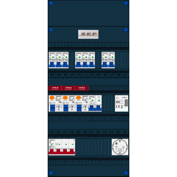 Schotman Elektro B.V. - SEP FS40A, 1xHoofdschakelaar, 3xAardlekschakelaar-Type B, 8xinstallatieautomaat, 1xFornuisgroep, 1xBeltrafo, 1xContactdoos, 3 Fase