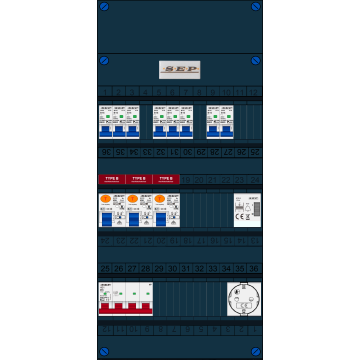 Schotman Elektro B.V. - SEP FS40A, 1xHoofdschakelaar, 3xAardlekschakelaar-Type B, 8xinstallatieautomaat, 1xBeltrafo, 1xContactdoos, 3 Fase