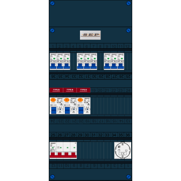 Schotman Elektro B.V. - SEP FS40A, 1xHoofdschakelaar, 3xAardlekschakelaar-Type B, 9xinstallatieautomaat, 1xContactdoos, 3 Fase