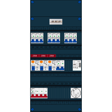 Schotman Elektro B.V. - SEP FS40A, 1xHoofdschakelaar, 3xAardlekschakelaar-Type B, 9xinstallatieautomaat, 1xFornuisgroep, 1xBeltrafo, 1xContactdoos, 3 Fase