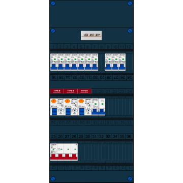 Schotman Elektro B.V. - SEP FS40A, 1xHoofdschakelaar, 3xAardlekschakelaar-Type B, 10xinstallatieautomaat, 1xFornuisgroep, 3 Fase