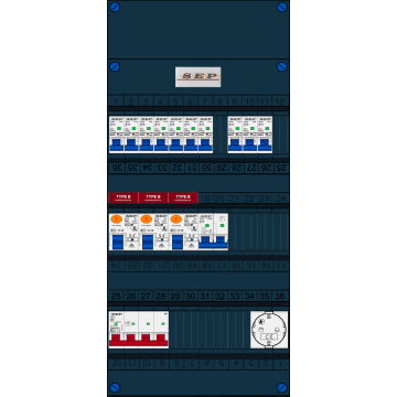 Schotman Elektro B.V. - SEP FS40A, 1xHoofdschakelaar, 3xAardlekschakelaar-Type B, 10xinstallatieautomaat, 1xFornuisgroep, 1xContactdoos, 3 Fase