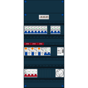 Schotman Elektro B.V. - SEP FS40A, 1xHoofdschakelaar, 3xAardlekschakelaar-Type B, 10xinstallatieautomaat, 1xFornuisgroep, 1xBeltrafo, 1xContactdoos, 3 Fase
