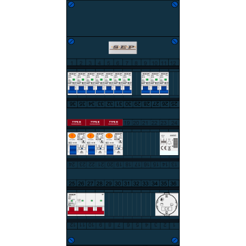 Schotman Elektro B.V. - SEP FS40A, 1xHoofdschakelaar, 3xAardlekschakelaar-Type B, 10xinstallatieautomaat, 1xBeltrafo, 1xContactdoos, 3 Fase