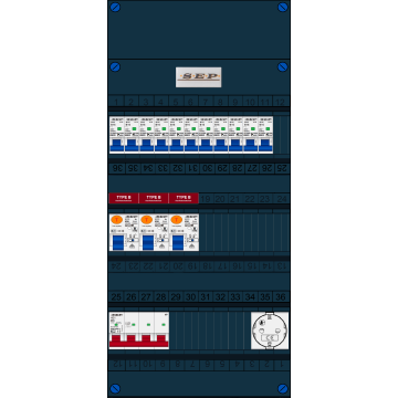 Schotman Elektro B.V. - SEP FS40A, 1xHoofdschakelaar, 3xAardlekschakelaar-Type B, 11xinstallatieautomaat, 1xContactdoos, 3 Fase