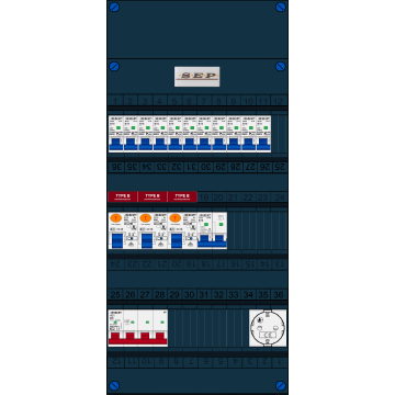 Schotman Elektro B.V. - SEP FS40A, 1xHoofdschakelaar, 3xAardlekschakelaar-Type B, 11xinstallatieautomaat, 1xFornuisgroep, 1xContactdoos, 3 Fase