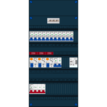 Schotman Elektro B.V. - SEP FS40A, 1xHoofdschakelaar, 3xAardlekschakelaar-Type B, 11xinstallatieautomaat, 1xFornuisgroep, 1xBeltrafo, 3 Fase