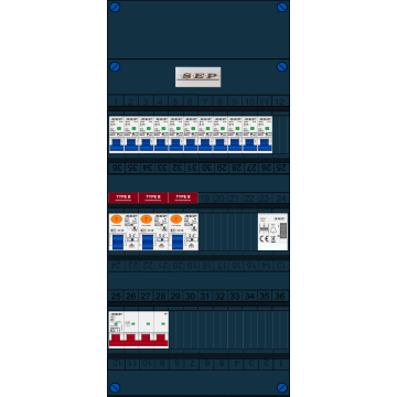 Schotman Elektro B.V. - SEP FS40A, 1xHoofdschakelaar, 3xAardlekschakelaar-Type B, 11xinstallatieautomaat, 1xBeltrafo, 3 Fase