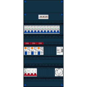 Schotman Elektro B.V. - SEP FS40A, 1xHoofdschakelaar, 3xAardlekschakelaar-Type B, 11xinstallatieautomaat, 1xBeltrafo, 1xContactdoos, 3 Fase