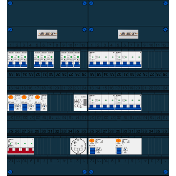 Schotman Elektro B.V. - SEP FS40A, 1xHoofdschakelaar, 5xAardlekschakelaar, 9xInstallatieautomaat, 4xKracht installatieautomaat, 1xBeltrafo, 1xContactdoos, 3 Fase