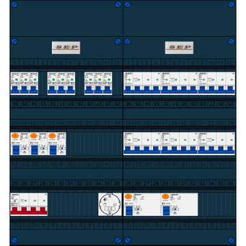 Schotman Elektro B.V. - SEP FS40A, 1xHoofdschakelaar, 5xAardlekschakelaar, 9xInstallatieautomaat, 6xKracht installatieautomaat, 1xContactdoos, 3 Fase