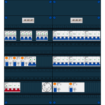 Schotman Elektro B.V. - SEP FS40A, 1xHoofdschakelaar, 5xAardlekschakelaar, 9xInstallatieautomaat, 6xKracht installatieautomaat, 1xFornuisgroep, 1xContactdoos, 3 Fase