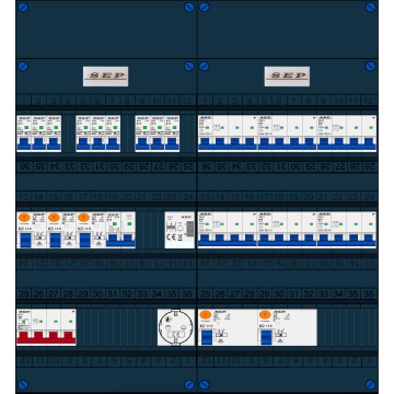 Schotman Elektro B.V. - SEP FS40A, 1xHoofdschakelaar, 5xAardlekschakelaar, 9xInstallatieautomaat, 6xKracht installatieautomaat, 1xFornuisgroep, 1xBeltrafo, 1xContactdoos, 3 Fase