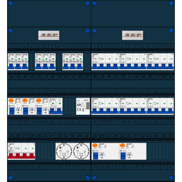Schotman Elektro B.V. - SEP FS40A, 1xHoofdschakelaar, 5xAardlekschakelaar, 9xInstallatieautomaat, 6xKracht installatieautomaat, 1xFornuisgroep, 1xBeltrafo, 2xContactdoos, 3 Fase