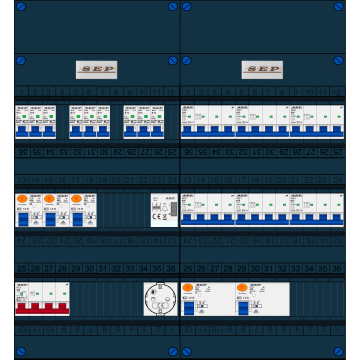 Schotman Elektro B.V. - SEP FS40A, 1xHoofdschakelaar, 5xAardlekschakelaar, 9xInstallatieautomaat, 6xKracht installatieautomaat, 1xBeltrafo, 1xContactdoos, 3 Fase