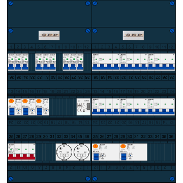 Schotman Elektro B.V. - SEP FS40A, 1xHoofdschakelaar, 5xAardlekschakelaar, 9xInstallatieautomaat, 6xKracht installatieautomaat, 1xBeltrafo, 2xContactdoos, 3 Fase