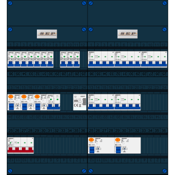 Schotman Elektro B.V. - SEP FS40A, 1xHoofdschakelaar, 5xAardlekschakelaar, 10xInstallatieautomaat, 5xKracht installatieautomaat, 1xFornuisgroep, 1xBeltrafo, 3 Fase