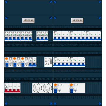 Schotman Elektro B.V. - SEP FS40A, 1xHoofdschakelaar, 5xAardlekschakelaar, 10xInstallatieautomaat, 5xKracht installatieautomaat, 1xFornuisgroep, 1xBeltrafo, 2xContactdoos, 3 Fase