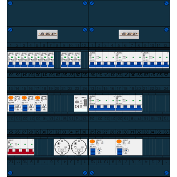 Schotman Elektro B.V. - SEP FS40A, 1xHoofdschakelaar, 5xAardlekschakelaar, 10xInstallatieautomaat, 5xKracht installatieautomaat, 1xBeltrafo, 2xContactdoos, 3 Fase