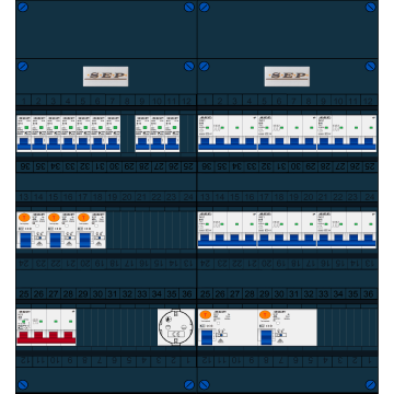 Schotman Elektro B.V. - SEP FS40A, 1xHoofdschakelaar, 5xAardlekschakelaar, 10xInstallatieautomaat, 6xKracht installatieautomaat, 1xContactdoos, 3 Fase