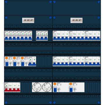 Schotman Elektro B.V. - SEP FS40A, 1xHoofdschakelaar, 5xAardlekschakelaar, 10xInstallatieautomaat, 6xKracht installatieautomaat, 1xFornuisgroep, 2xContactdoos, 3 Fase