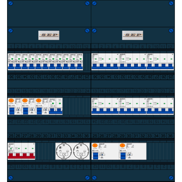 Schotman Elektro B.V. - SEP FS40A, 1xHoofdschakelaar, 5xAardlekschakelaar, 11xInstallatieautomaat, 6xKracht installatieautomaat, 1xFornuisgroep, 2xContactdoos, 3 Fase