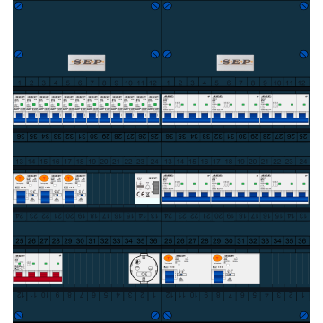 Schotman Elektro B.V. - SEP FS40A, 1xHoofdschakelaar, 5xAardlekschakelaar, 12xInstallatieautomaat, 6xKracht installatieautomaat, 1xBeltrafo, 1xContactdoos, 3 Fase