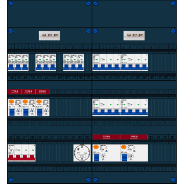 Schotman Elektro B.V. - SEP FS40A, 1xHoofdschakelaar, 5xAardlekschakelaar-Type B, 9xInstallatieautomaat, 4xKrachtgroep, 1xContactdoos, 3 Fase