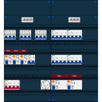 Schotman Elektro B.V. - SEP FS40A, 1xHoofdschakelaar, 5xAardlekschakelaar-Type B, 9xInstallatieautomaat, 1xFornuisgroep, 4xKrachtgroep, 1xContactdoos, 3 Fase