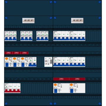 Schotman Elektro B.V. - SEP FS40A, 1xHoofdschakelaar, 5xAardlekschakelaar-Type B, 9xInstallatieautomaat, 1xFornuisgroep, 4xKrachtgroep, 1xBeltrafo, 3 Fase